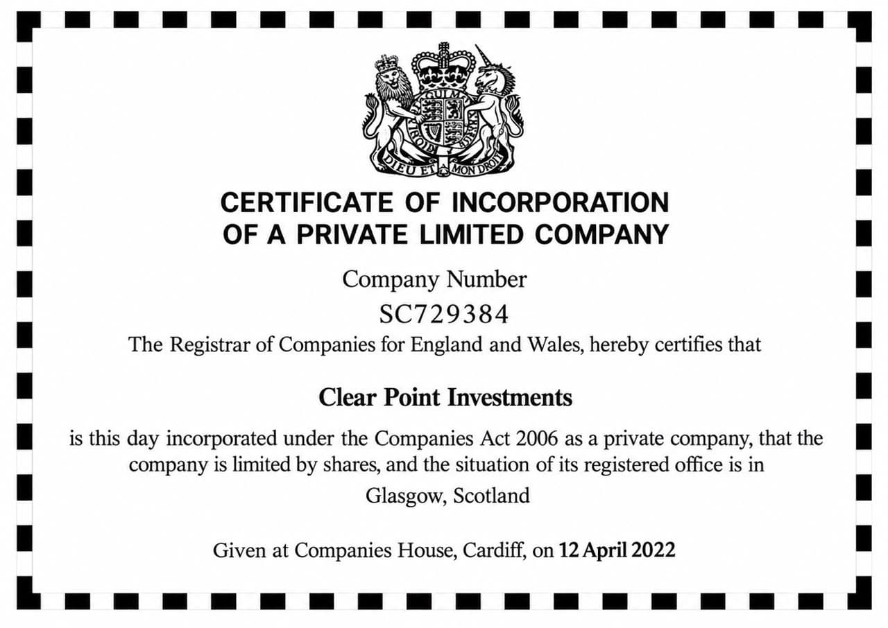 Certificate of incorporation for Clear Point Investments, company number SC729384, issued by Companies House on 12 April 2022